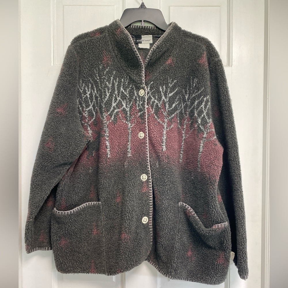 Vintage Artisans Fleece Jacket moose winter Trees Grey Mauve Size XL Women's
